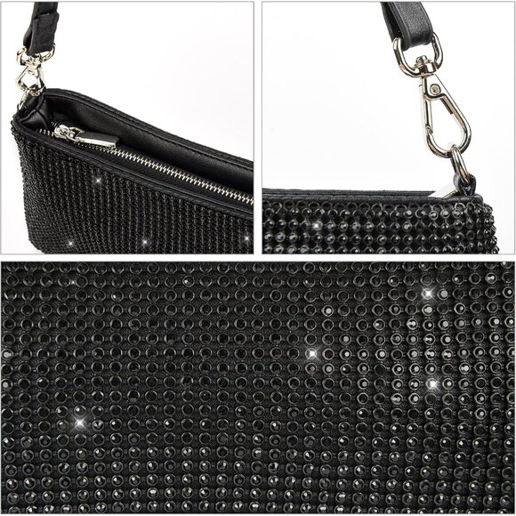 ⚡  Women's Beautiful Rhinestone Black Sparkly Handle Chain Evening Clutch Bag - Picture 6 of 8